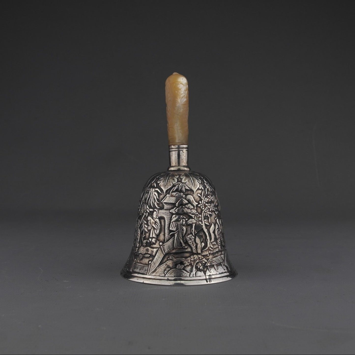 RARE Ornate Antique Chinese Export Silver Table Bell, Mother of Pearl Handle