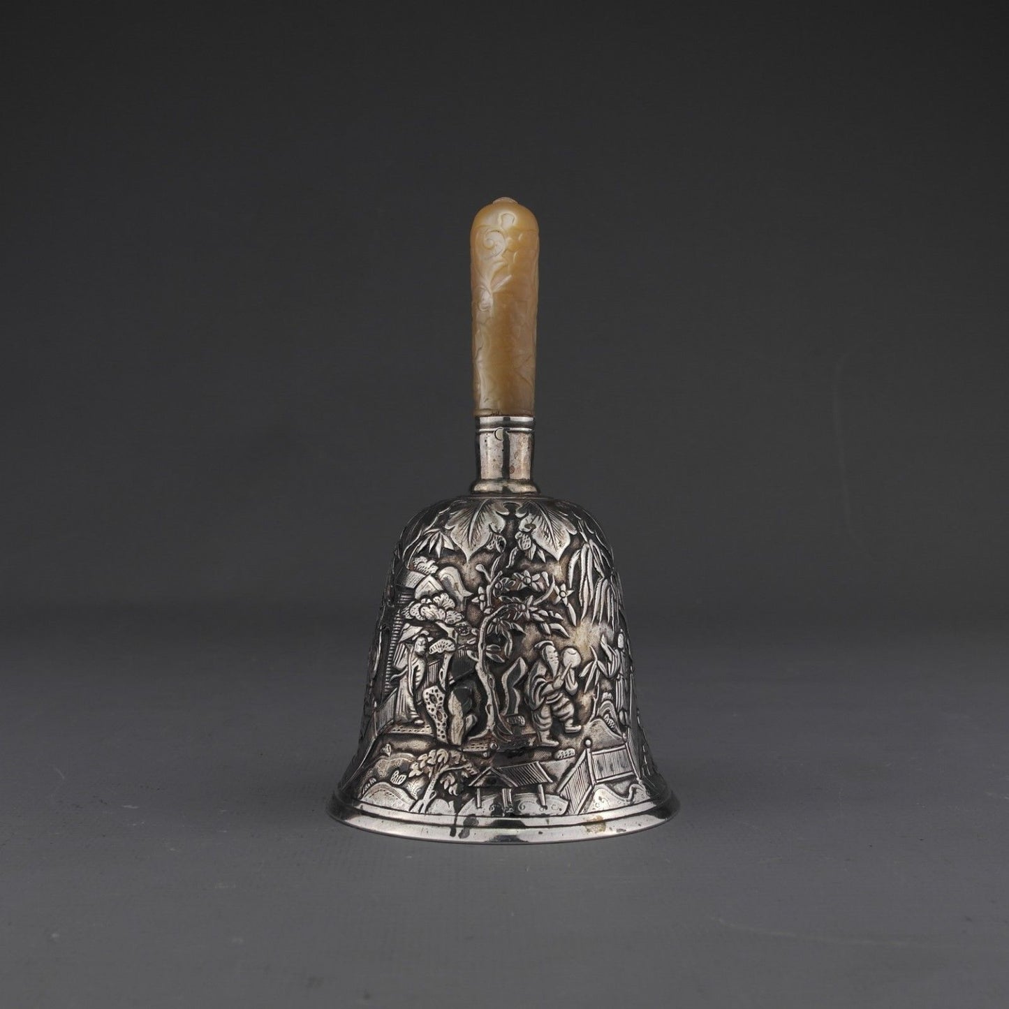 RARE Ornate Antique Chinese Export Silver Table Bell, Mother of Pearl Handle