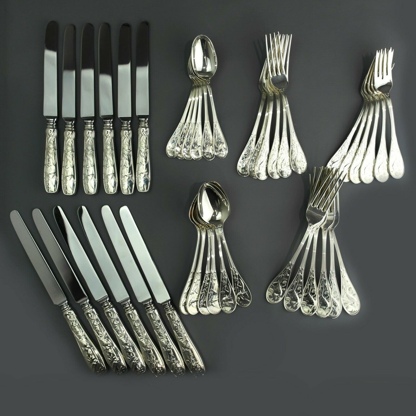 Tiffany Japanese Style Audubon Pattern Sterling Silver Cutlery Set. 42 Pieces.