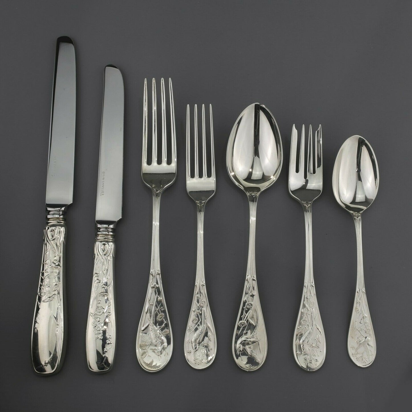 Tiffany Japanese Style Audubon Pattern Sterling Silver Cutlery Set. 42 Pieces.