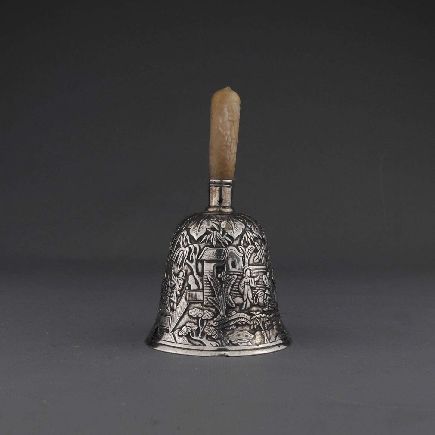 RARE Ornate Antique Chinese Export Silver Table Bell, Mother of Pearl Handle