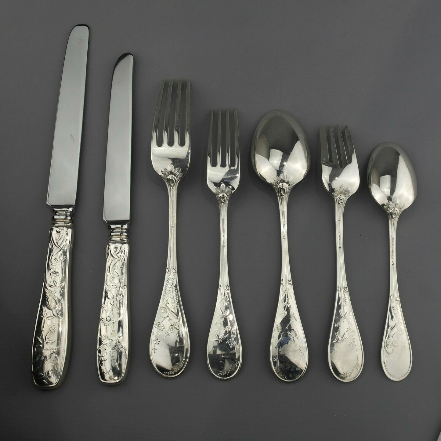 Tiffany Japanese Style Audubon Pattern Sterling Silver Cutlery Set. 42 Pieces.