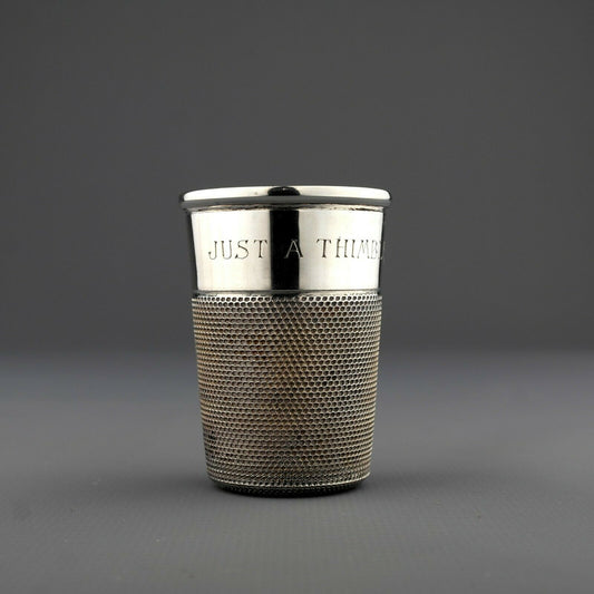 Antique Novelty Solid Sterling Silver JUST A THIMBLE FULL Spirit Measure / Cup