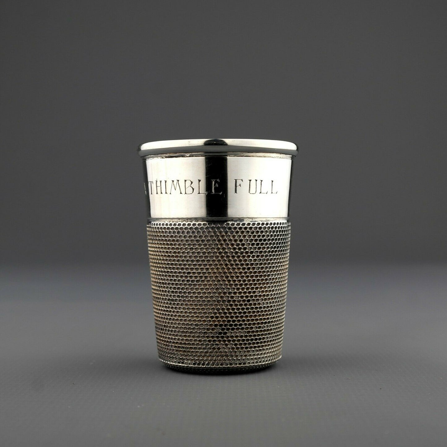 Antique Novelty Solid Sterling Silver JUST A THIMBLE FULL Spirit Measure / Cup