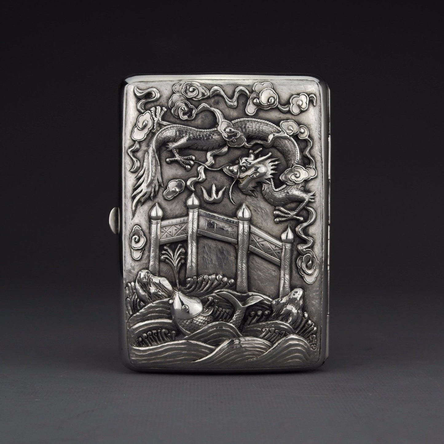 LARGE Ornate Antique Chinese Export Silver Cigarette Case Luen Wo, Shanghai 200g