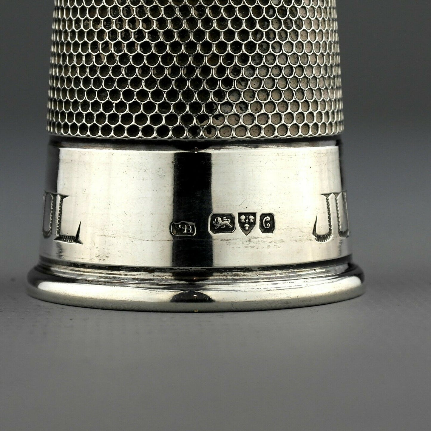 Antique Novelty Solid Sterling Silver JUST A THIMBLE FULL Spirit Measure - 1903