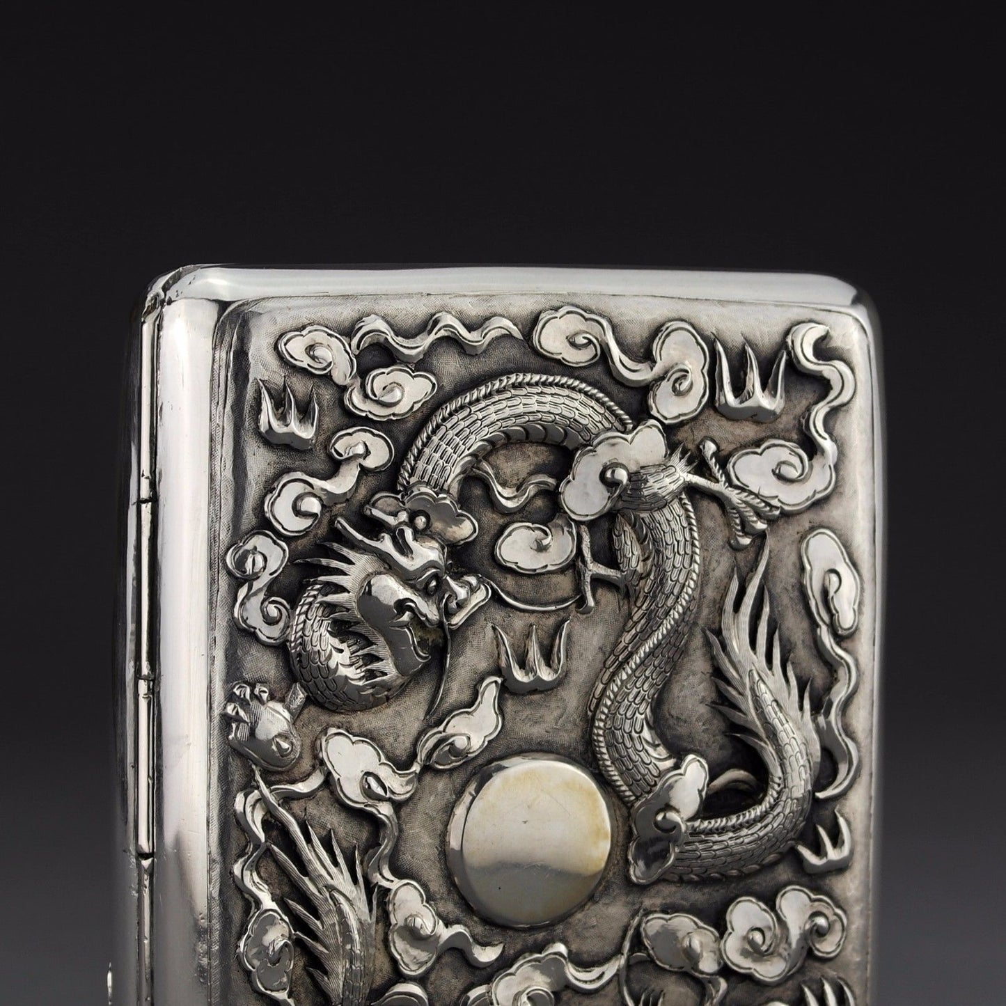 LARGE Ornate Antique Chinese Export Silver Cigarette Case Luen Wo, Shanghai 200g