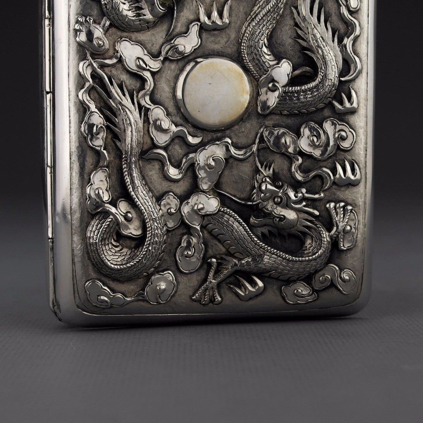 LARGE Ornate Antique Chinese Export Silver Cigarette Case Luen Wo, Shanghai 200g