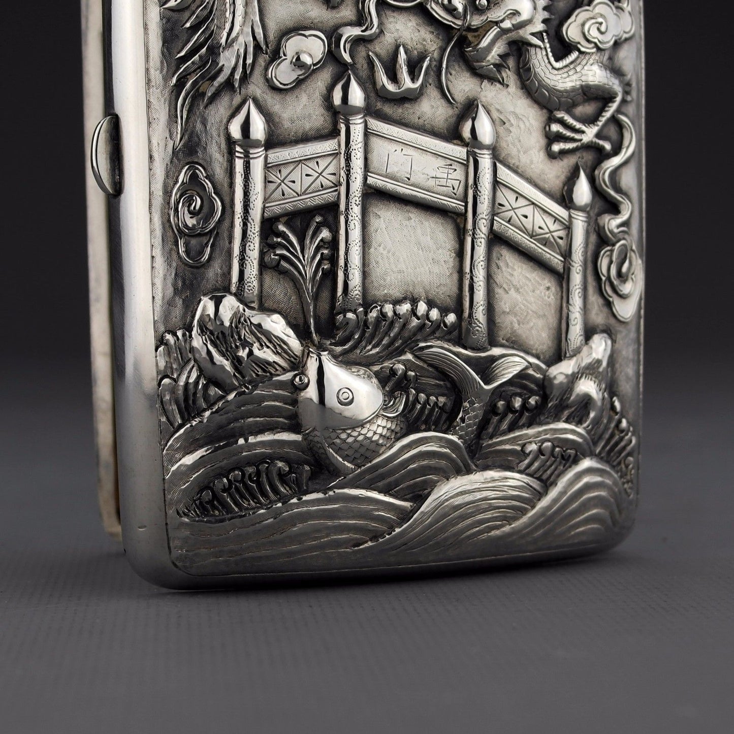 LARGE Ornate Antique Chinese Export Silver Cigarette Case Luen Wo, Shanghai 200g