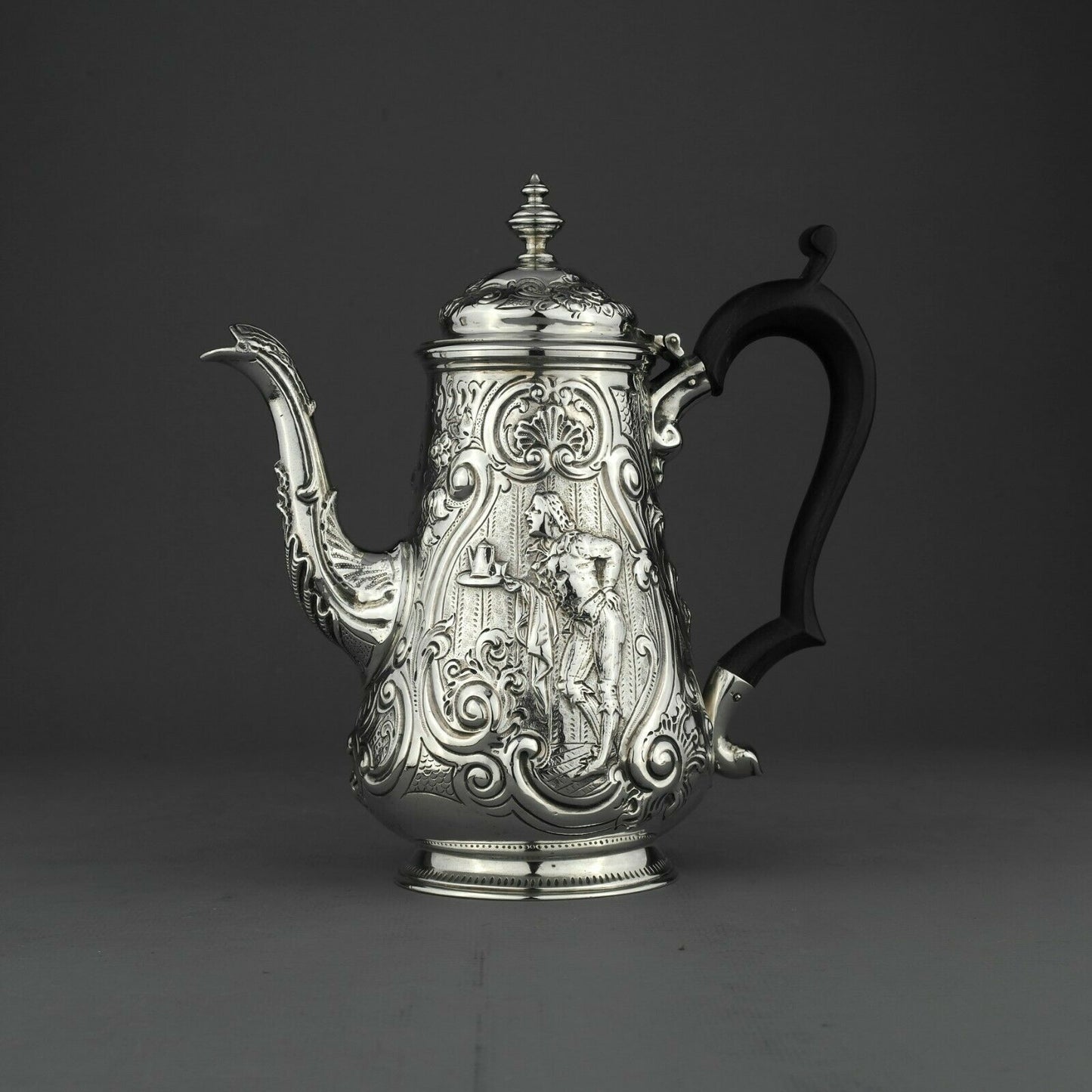 Ornate Antique George III Solid Sterling Silver Coffee Pot, London 1793.