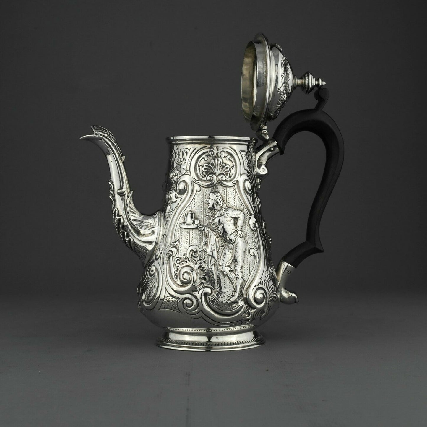 Ornate Antique George III Solid Sterling Silver Coffee Pot, London 1793.