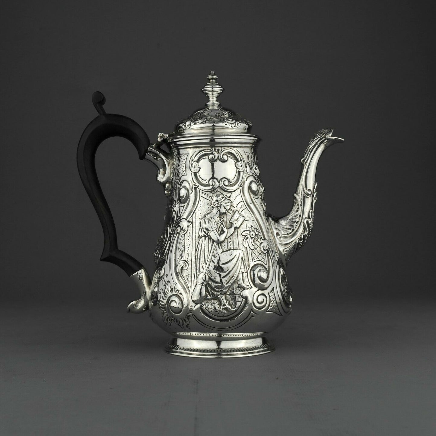 Ornate Antique George III Solid Sterling Silver Coffee Pot, London 1793.