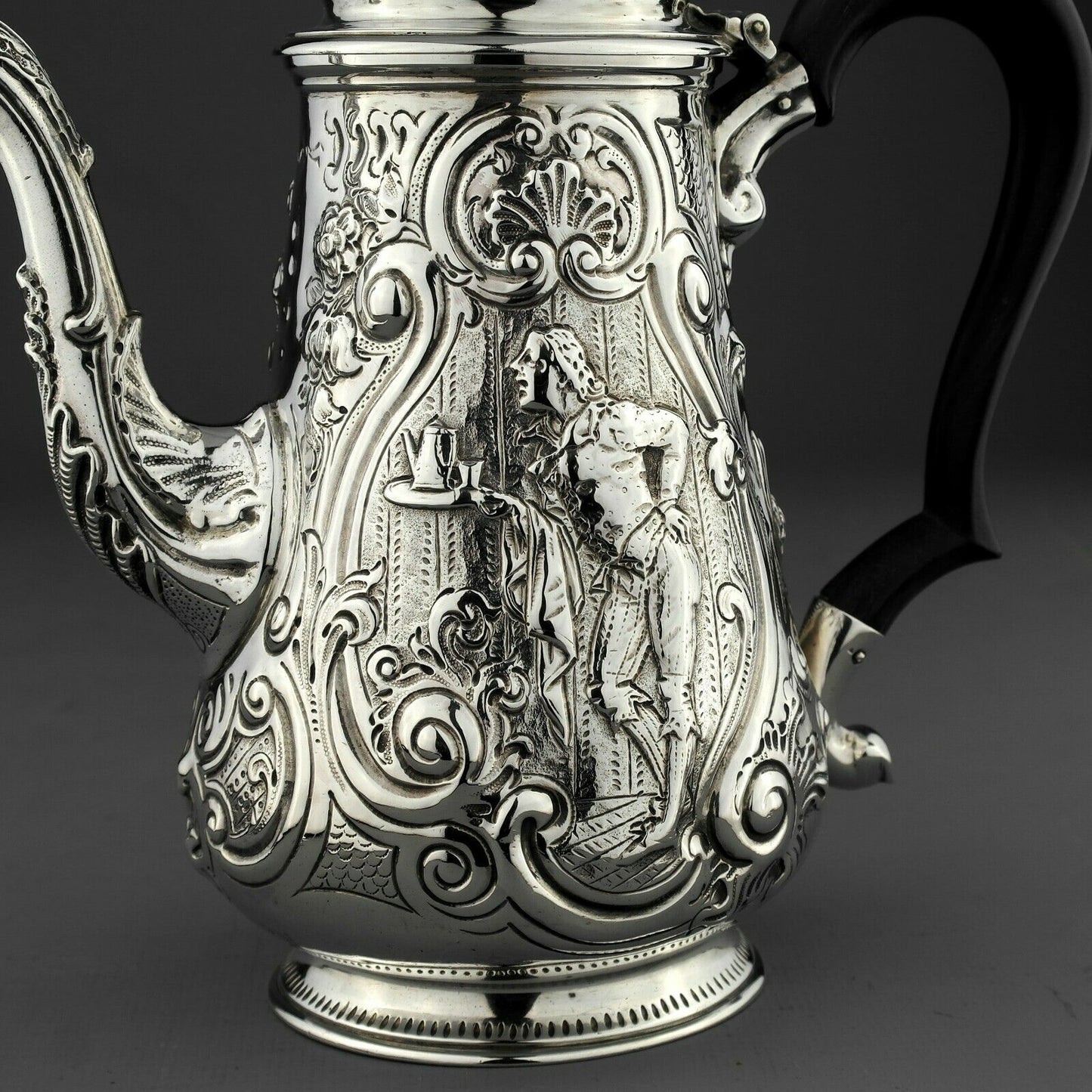 Ornate Antique George III Solid Sterling Silver Coffee Pot, London 1793.