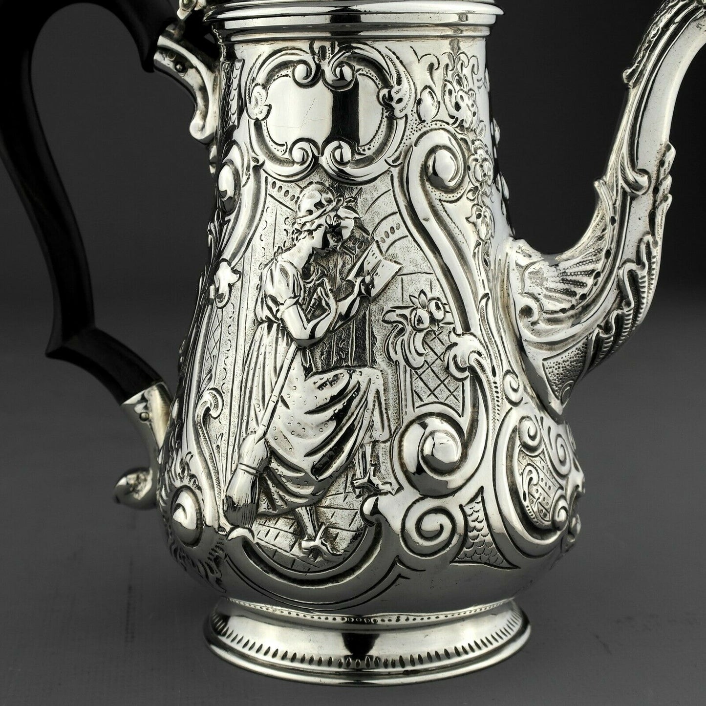 Ornate Antique George III Solid Sterling Silver Coffee Pot, London 1793.