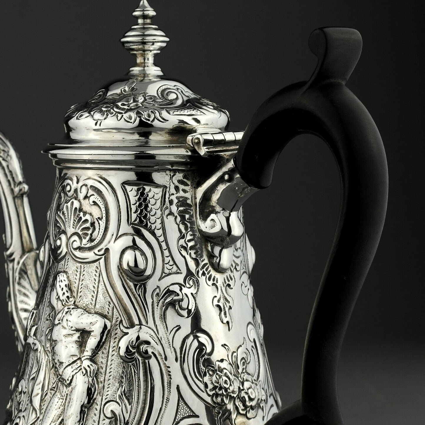 Ornate Antique George III Solid Sterling Silver Coffee Pot, London 1793.